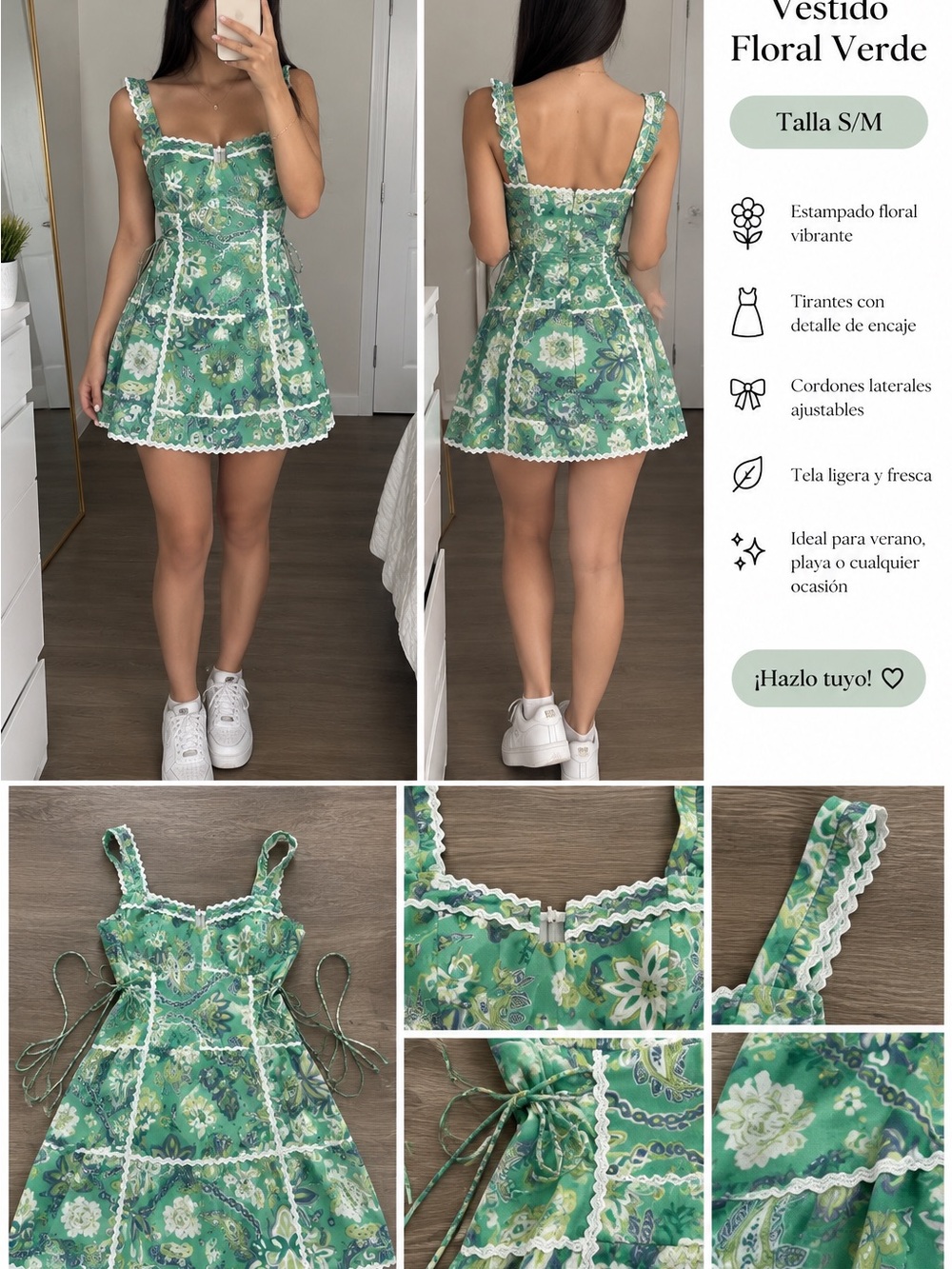 Floral Green Sundress with Lace Trim